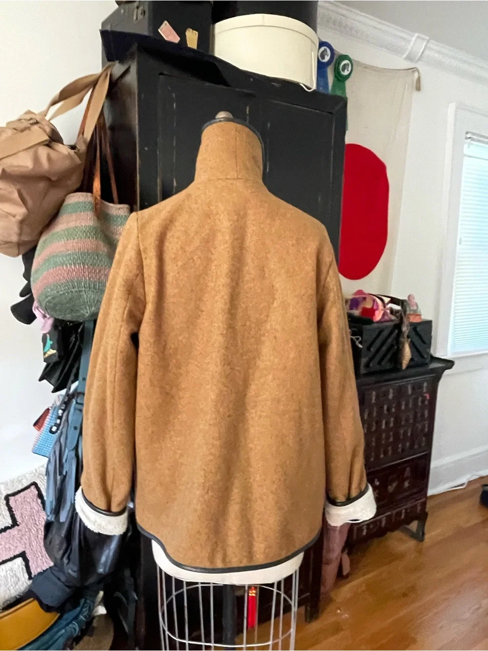 Sessun Wool Sherpa Coat, leather trim, size medium